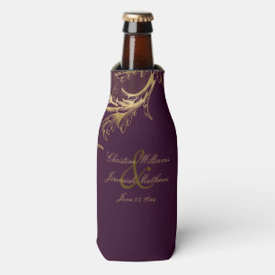 Vintage Purple Gold Floral Damask Script Wedding Bottle Cooler