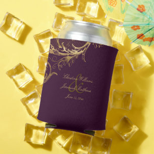 Vintage Purple Gold Floral Damask Script Wedding Can Cooler