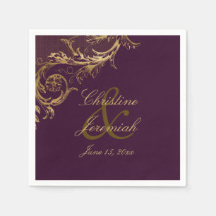 Vintage Purple Gold Floral Damask Script Wedding Napkin