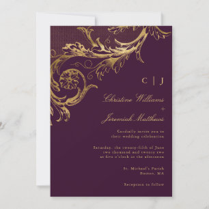 Vintage Purple Gold Floral Damask Wedding Invitation