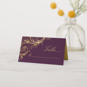 Vintage Purple Gold Floral Damask Wedding Place Card