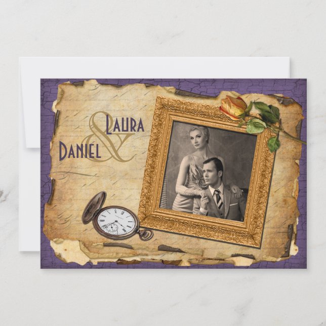 Vintage Purple Gold Frame Photo Wedding Invite II (Front)