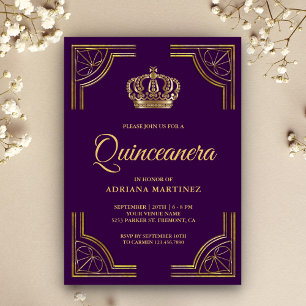 Vintage Purple Gold Ornate Crown Quinceanera Invitation