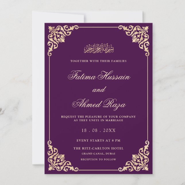 Vintage Purple Gold Romantic Script Muslim Wedding Invitation (Front)