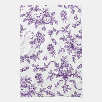Vintage Purple Halloween Toile Pattern Cute Ghosts Tea Towel