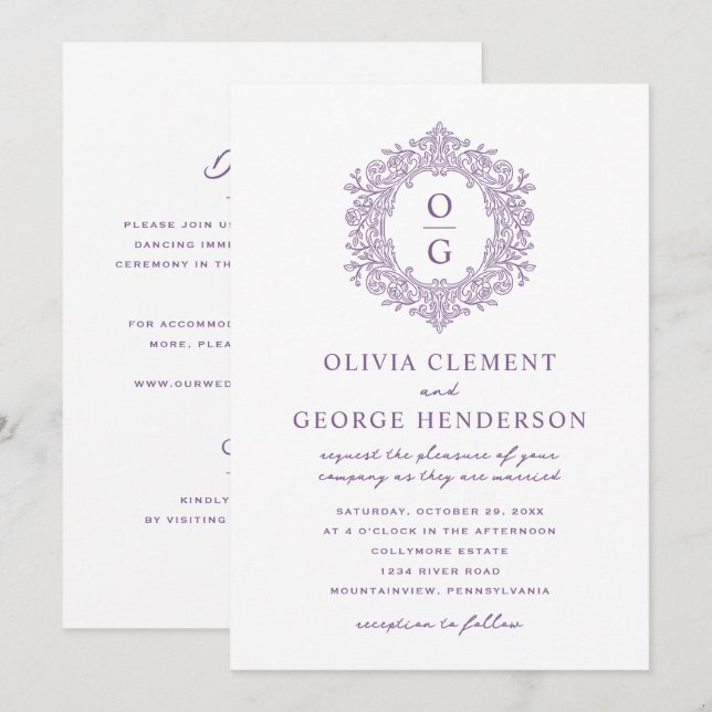 Vintage Purple Heirloom Crest Wedding Invitation (Front/Back)