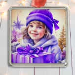 Vintage Purple Little Girl Christmas Personalised Metal Tree Decoration<br><div class="desc">Pretty little vintage girl in winter hat holding a purple gift box retro nostalgic vibe Christmas ornament for those who like an old-fashioned Christmas.</div>