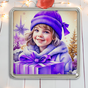 Vintage Purple Little Girl Christmas Personalised Metal Tree Decoration