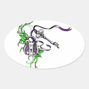 Vintage purple Lock and Key design Oval Sticker