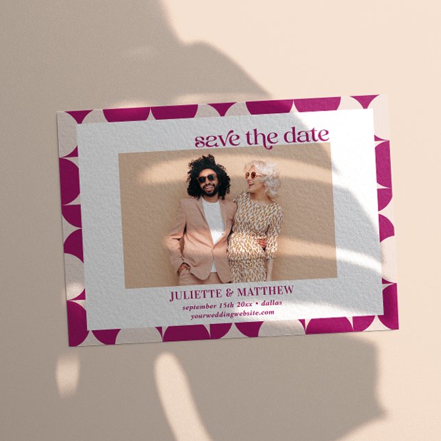 Vintage purple Mid Century modern photo  Announcement (SAVE THE DATE PURPLE RETRO VINTAGE SCALLOP HALF CIRCLE MID CENTURY MODERN PHOTO)