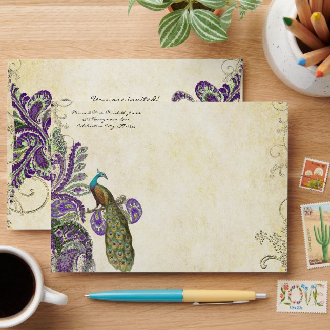 Vintage Purple Paisley Peacock Wedding Envelopes (Desk)