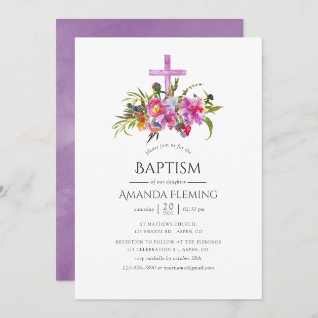Vintage Purple Peonies Baptism or Christening Invitation (Front/Back)