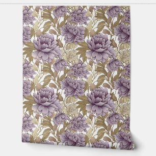 Vintage purple peonies gold leaves floral wallpaper