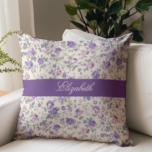 Vintage Purple Pink Floral Script Monogram Name Cushion