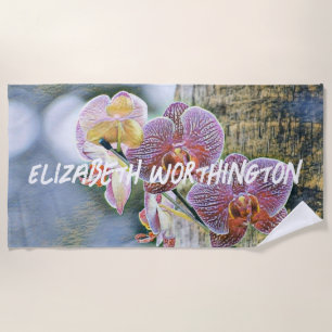 Vintage Purple Pink Orchid Flowers on log Beach To Towel