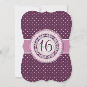 Vintage purple polka dots, flowers, lace Sweet 16 Invitation