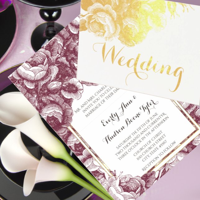 Vintage Purple Rose Wedding Gold Foil Invitation (Creator Uploaded)