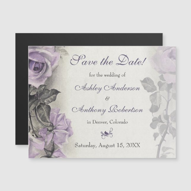 Vintage Purple Rose Wedding Save the Date Magnet (Front/Back)