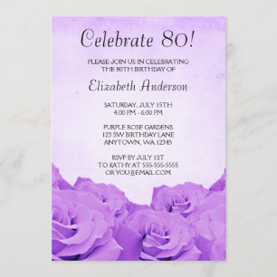 Vintage Purple Roses 80th Birthday Party Invitation