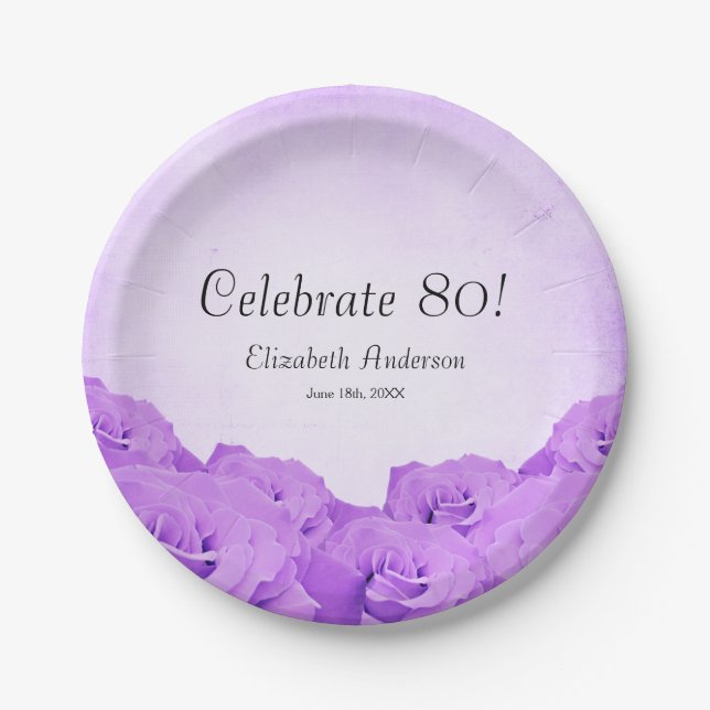 Vintage Purple Roses 80th Birthday Party Paper Plate (Front)