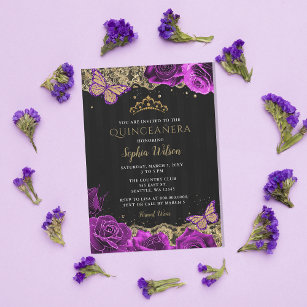 Vintage Purple Roses Black Gold Lace Quinceañera Invitation
