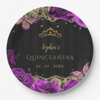 Vintage Purple Roses Black Gold Lace Quinceañera
