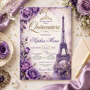 Vintage Purple Roses Eiffel Tower Quinceañera Invitation
