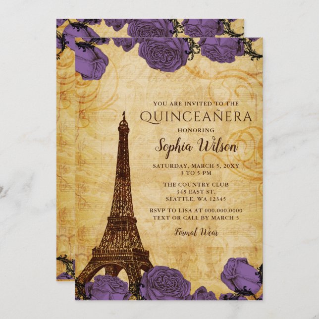 Vintage Purple Roses Eiffel Tower Quinceañera  Invitation (Front/Back)
