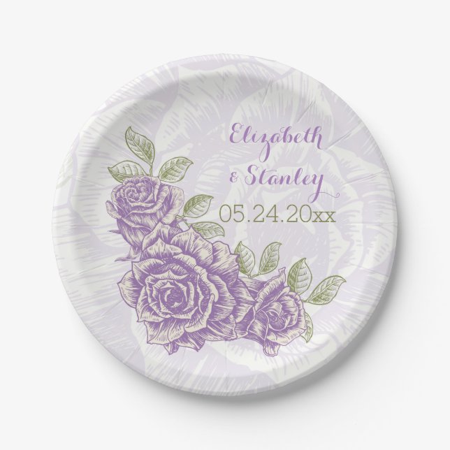 Vintage purple roses floral wedding paper plate (Front)