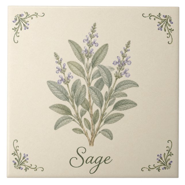 Vintage Purple Sage Botanical Kitchen Herb Tile (Front)