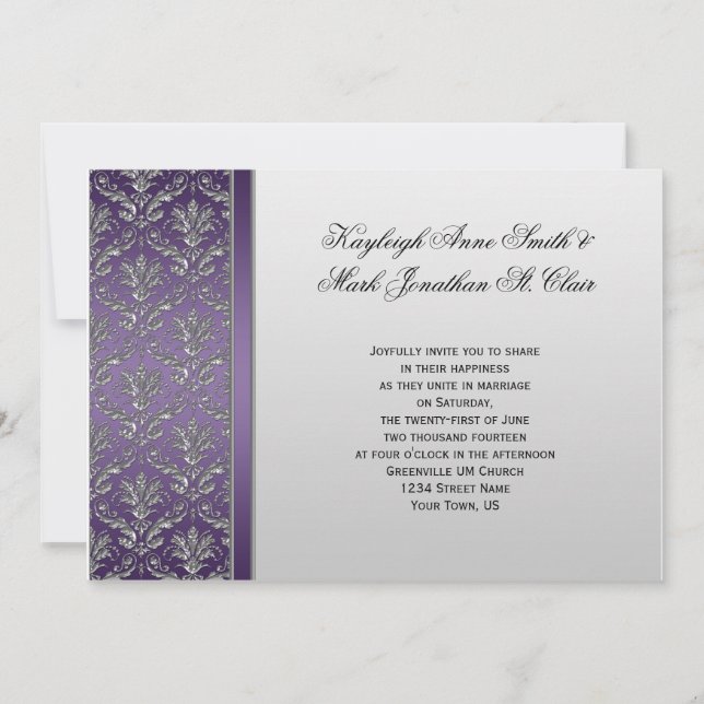 Vintage Purple Silver Damask Wedding Invitation (Front)