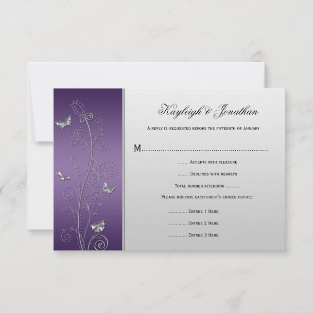 Vintage Purple Silver Floral Butterflies RSVP (Front)