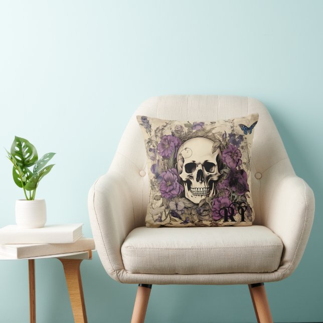 Vintage Purple Skull Flowers Personalised Monogram Cushion (Chair)