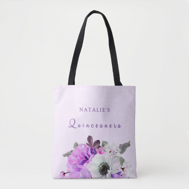 Vintage Purple White Floral Quinceanera Tote Bag (Front)