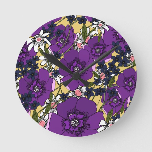 Vintage Purple Wildflowers Round Clock (Front)