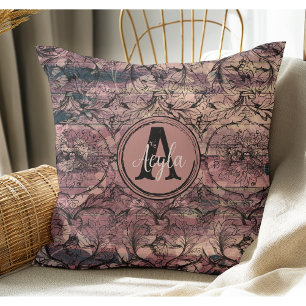 Vintage Purple Wood Black Floral Rustic Monogram Cushion
