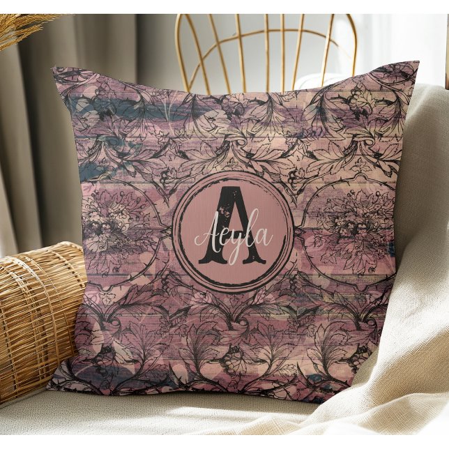 Vintage Purple Wood Black Floral Rustic Monogram Cushion (Creator Uploaded)