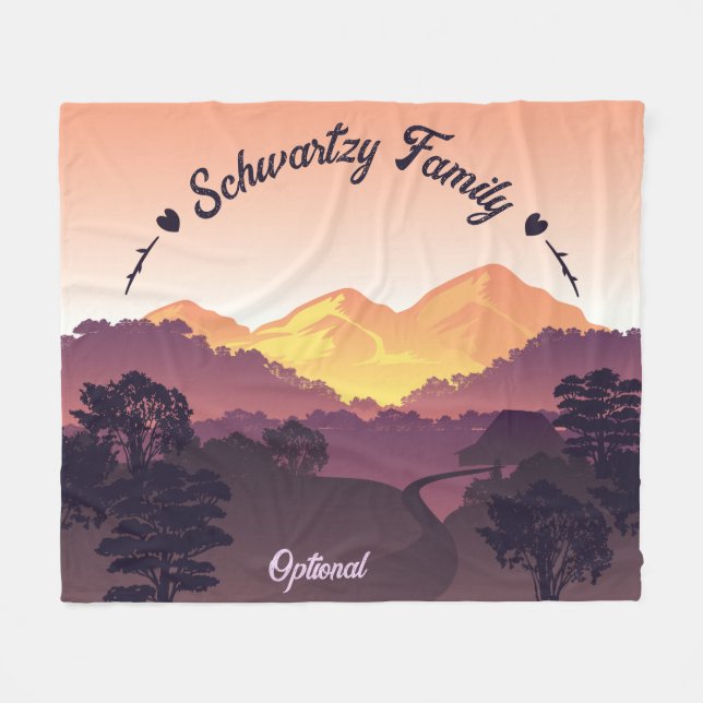 Vintage Purple Yellow Farmhouse Mountain Sunset  Fleece Blanket (Front (Horizontal))