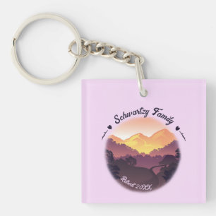 Vintage Purple Yellow Farmhouse Mountain Sunset  Key Ring