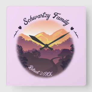 Vintage Purple Yellow Farmhouse Mountain Sunset  Square Wall Clock