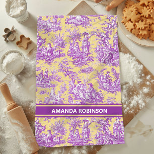 Vintage Purple Yellow French Toile de Jouy Scenic Tea Towel