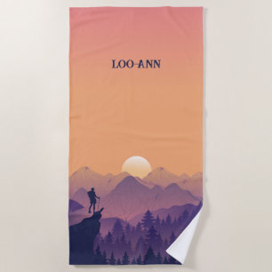 Vintage Purple Yellow Hike Mountain Sunset Beach Towel