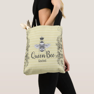 Vintage Queen Bee & Crown Personalised Tote Bag