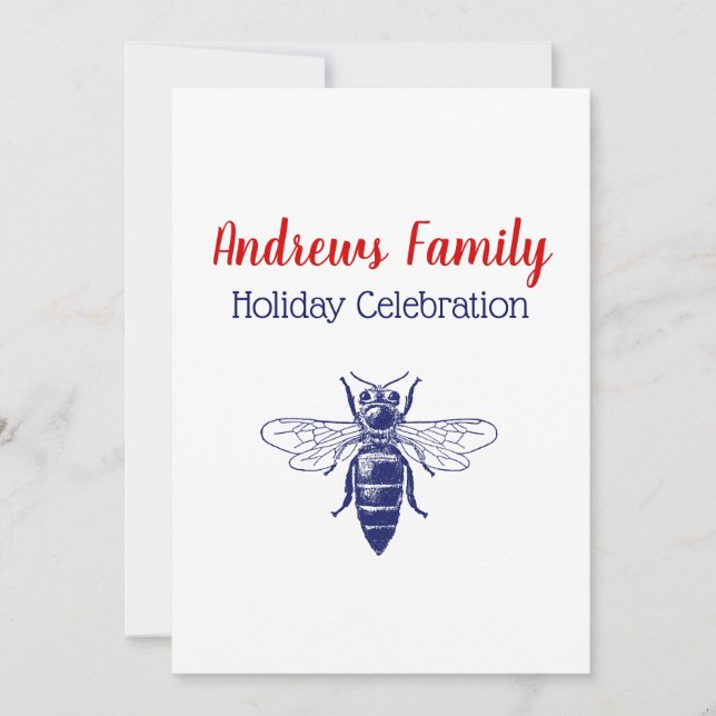 Vintage Queen Bee Drawing in Blue Invitation (Front)