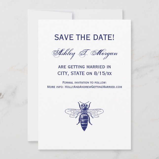 Vintage Queen Bee Drawing in Blue Invitation (Front)