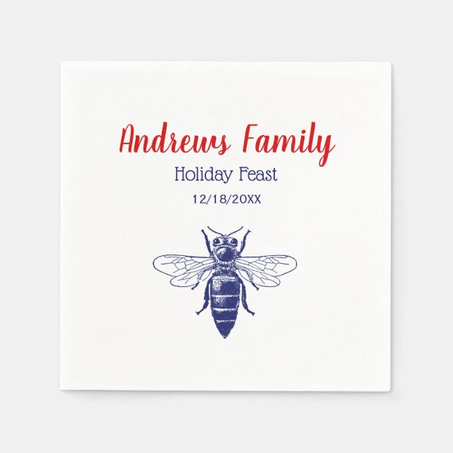 Vintage Queen Bee Drawing in Blue Napkin (Front)