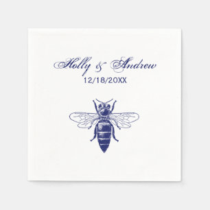 Vintage Queen Bee Drawing in Blue Napkin