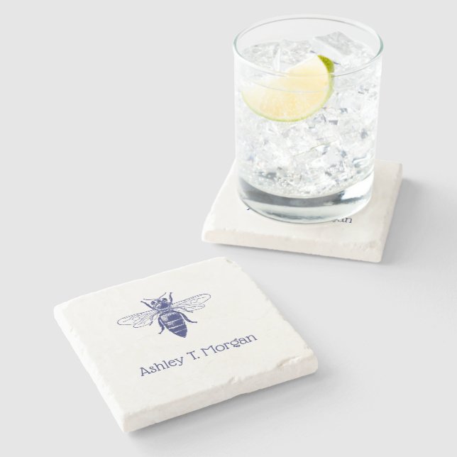 Vintage Queen Bee Drawing in Blue Stone Coaster (Side)
