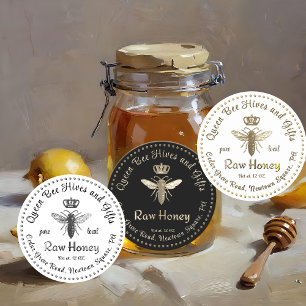 Vintage Queen Bee Honey Gold Crown Script White Classic Round Sticker