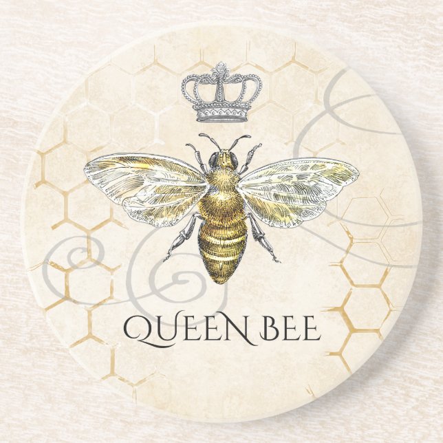 Vintage Queen Bee Royal Crown Beige Coaster (Front)